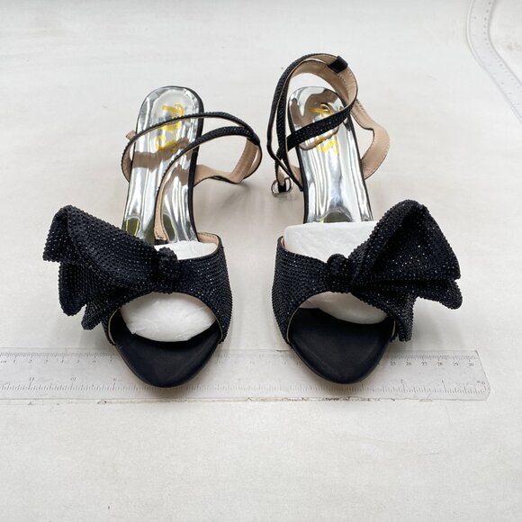 FYS Women Cute Rhinestones Bow Peep Toe Low Kitten Heel Ankle Strap Sandal Black - Picture 3 of 8